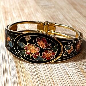 Vintage Floral Butterflies Hinged Cuff Multicolor Cloisonné Look Painted Enamel